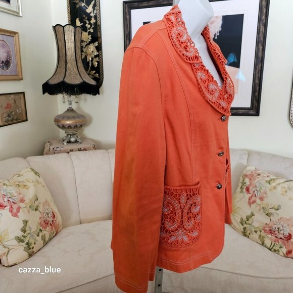 MOFFI International Vintage Tailored Women's Plus Size Orange Denim Jacket - Picture 4 of 14